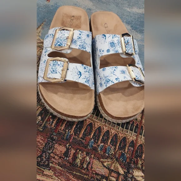 CL by Laundry Blue Floral Sandals with Gold Accents - Picture 2 of 7